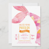 オレンジとピンクマーメイドプールパーティー誕生日 招待状 (正面)