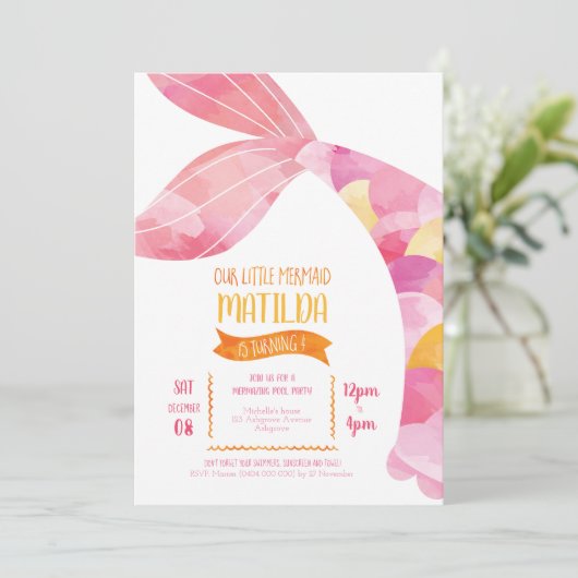 オレンジとピンクマーメイドプールパーティー誕生日 招待状 (スタンド正面)