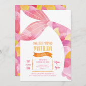 オレンジとピンクマーメイドプールパーティー誕生日 招待状 (正面/裏面)