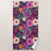 オレンジとフローラの花の紫とピンクのパターン ビーチタオル (正面)