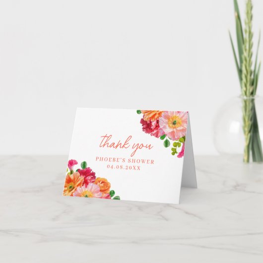 オレンジとブライトピンクの花柄のウェディングシャワーの折りたとうたカード サンキューカード (正面)