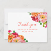 オレンジとブライトピンクフローラブライダルシャワーフラット サンキューカード (正面)