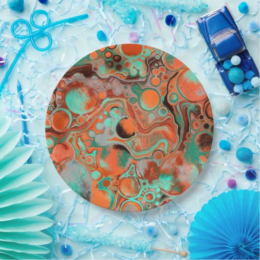 オレンジとブラウンの抽象芸術アートバースデーパーティー ペーパープレート