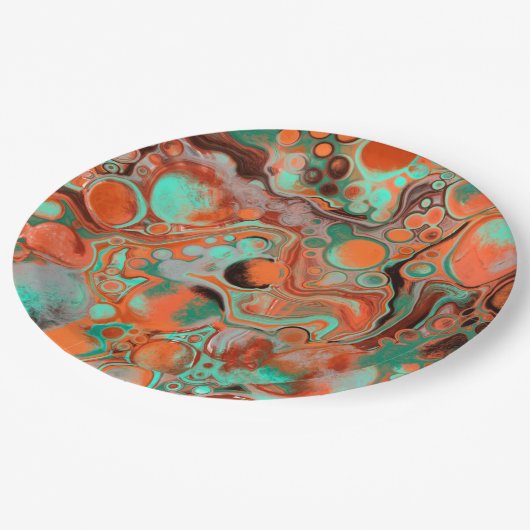 オレンジとブラウンの抽象芸術アートバースデーパーティー ペーパープレート (アングル)