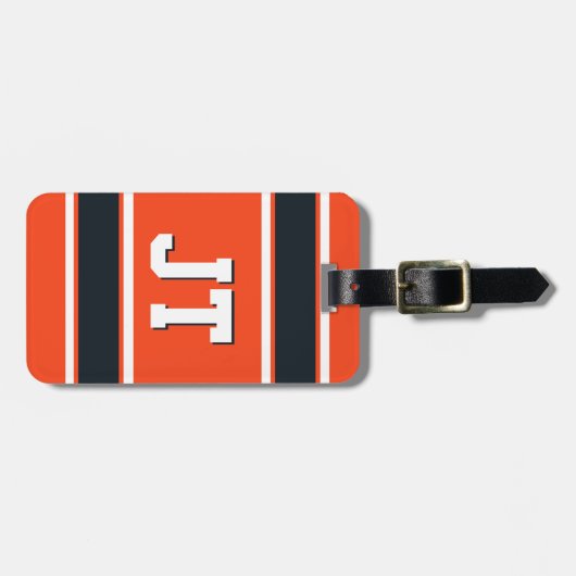 オレンジとブラウンスポーツストライプのパーソナライズされた ラゲッジタグ (正面横)
