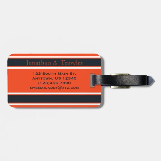 オレンジとブラウンスポーツストライプのパーソナライズされた ラゲッジタグ (裏面横)