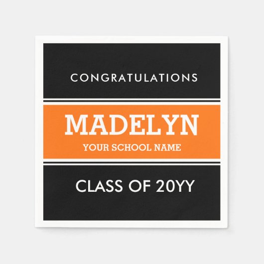 オレンジとブラックのカスタム卒業ナプキン スタンダードカクテルナプキン (正面)