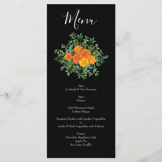 オレンジとブラックのゴシックの牡丹とバラ結婚のメニュー メニュー (正面)