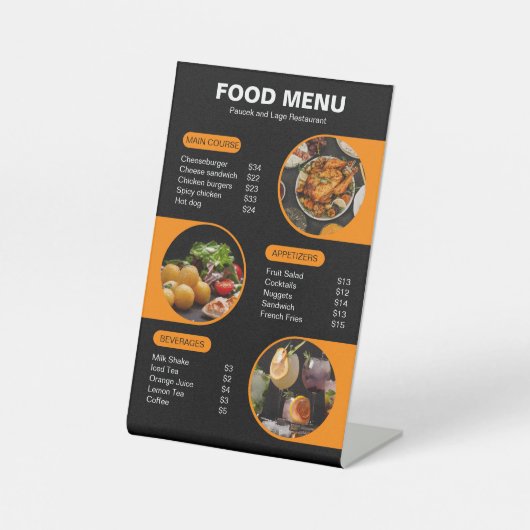 オレンジとブラックのジオメはっきりしたトリックレストランメニュー 台座サイン (正面)