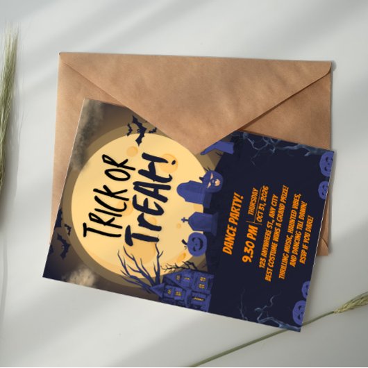 オレンジとブラックのトリックオアトリート ハロウィンパーティー 招待状