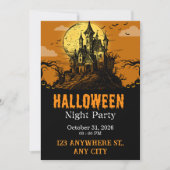オレンジとブラックのハロウィーンにぴったりな幽霊屋敷と満月 招待状 (正面)