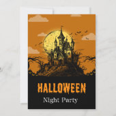 オレンジとブラックのハロウィーンにぴったりな幽霊屋敷と満月 招待状 (裏面)