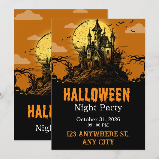 オレンジとブラックのハロウィーンにぴったりな幽霊屋敷と満月 招待状 (正面/裏面)