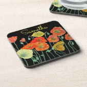 オレンジとブラックのポピーアート 赤 黄色 フラワーレッド コースター (左側)