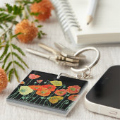 オレンジとブラックのポピー フラワーのアクリル キー リング キーホルダー (正面右)