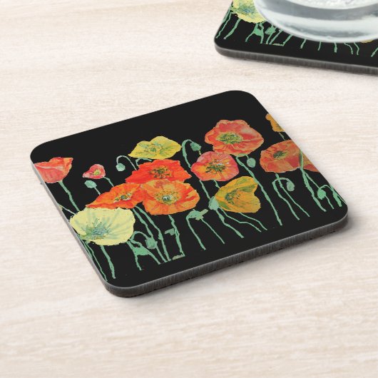 オレンジとブラックのポピー フラワー プラスチック コースター (左側)