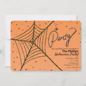 オレンジとブラックのラメクモの巣 ハロウィンパーティー 招待状 (正面)