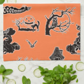オレンジとブラックのヴィンテージハロウィーンパターン キッチンタオル (折り畳み)