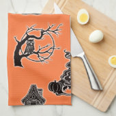 オレンジとブラックのヴィンテージハロウィーンパターン キッチンタオル (四つ折り)