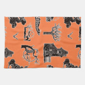 オレンジとブラックのヴィンテージハロウィーンパターン キッチンタオル (横)