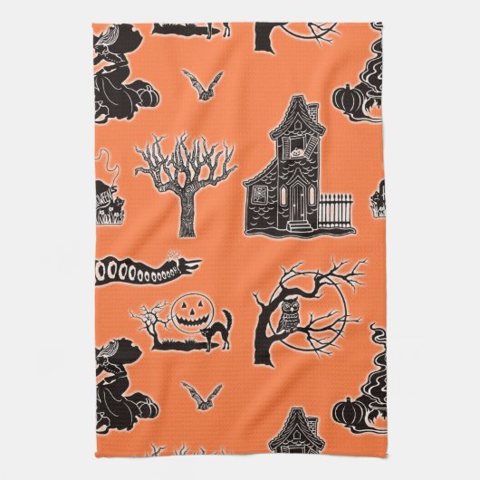 オレンジとブラックのヴィンテージハロウィーンパターン キッチンタオル (縦)