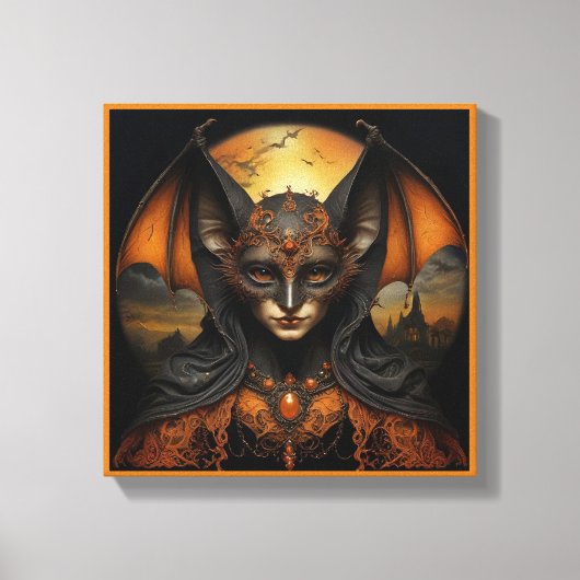 オレンジとブラックの不気味なハロウィーンこうもり キャンバスプリント (正面)