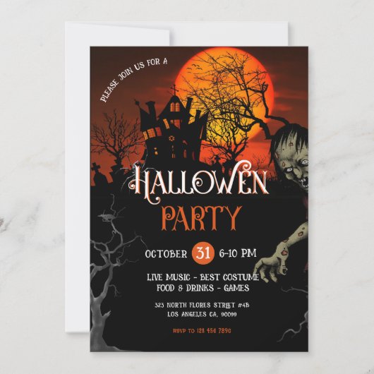 オレンジとブラックの不気味ハローウィンパーティ招待状 招待状 (正面)