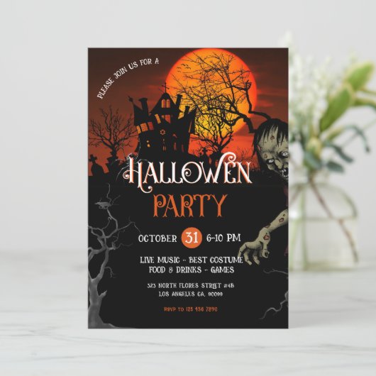オレンジとブラックの不気味ハローウィンパーティ招待状 招待状 (スタンド正面)