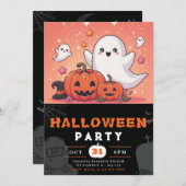 オレンジとブラックの幽霊カボチャのハロウィーン 招待状 (正面/裏面)