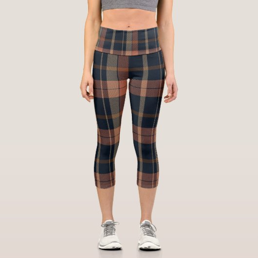 オレンジとブラックの格子状レギンスのスタイリッシュ心地よい カプリレギンス (正面)