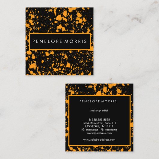 オレンジとブラックの絵を描(ばちゃばちゃ)跳ねる美しいスタイリスト スクエア名刺 (正面/裏面)