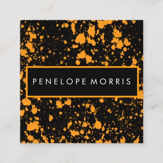 オレンジとブラックの絵を描（ばちゃばちゃ）跳ねる美しいスタイリスト スクエア名刺 (正面)
