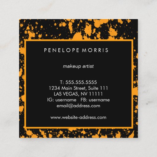オレンジとブラックの絵を描(ばちゃばちゃ)跳ねる美しいスタイリスト スクエア名刺 (裏面)