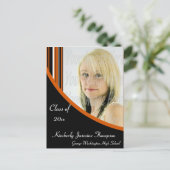 オレンジとブラックモダンのストライプ卒業用はがき 案内ポストカード (スタンド正面)
