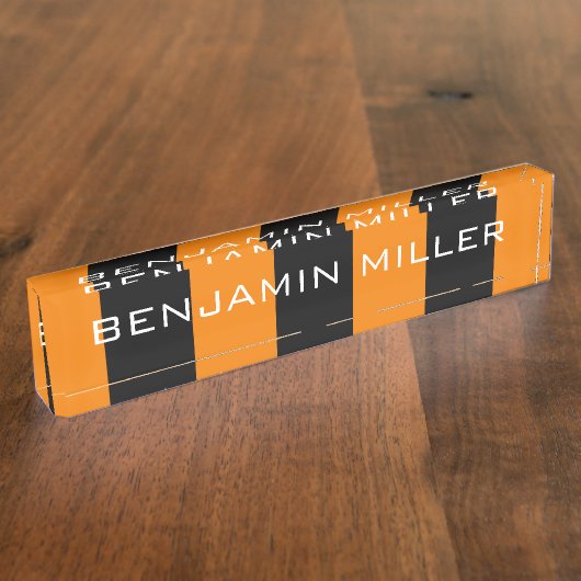 オレンジとブラックラグビーストライプ名前をカスタムする デスクネームプレート (側面)