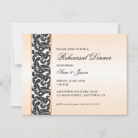 オレンジとブラックリ渦巻形のボンリハーサルディナー 招待状 (正面)