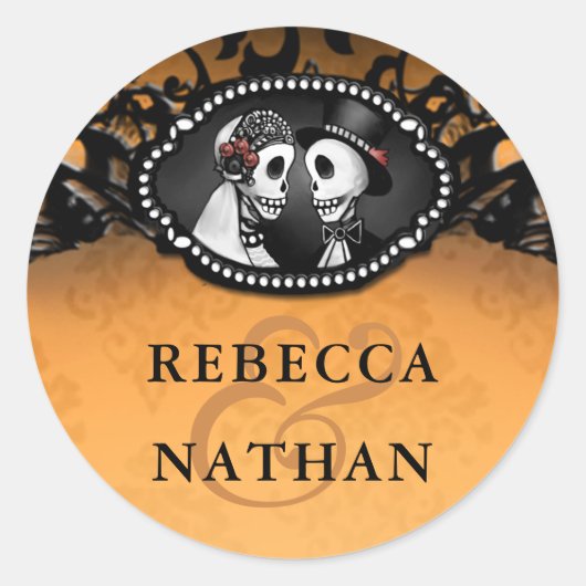 オレンジとブラック結婚のスケルトン封筒ラベル ラウンドシール (正面)
