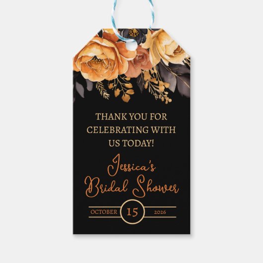 オレンジとブラック、ハロウィン、フラワーブライダルシャワー ギフトタグ (正面)