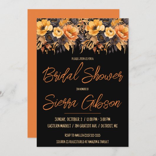 オレンジとブラック、ハロウィーン、フローラブライダルシャワー 招待状 (正面/裏面)