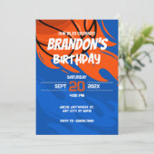 オレンジとブルーのよくはしゃぐバスケットボールの誕生日 招待状 (スタンド正面)