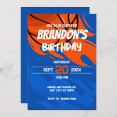 オレンジとブルーのよくはしゃぐバスケットボールの誕生日 招待状 (正面/裏面)