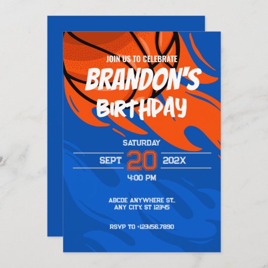 オレンジとブルーのよくはしゃぐバスケットボールの誕生日 招待状 (正面/裏面)