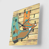 オレンジとブルーのカウボーイブーツ スクエア壁時計 (傾斜)