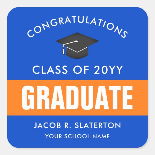 オレンジとブルーのカスタム卒業式 スクエアシール (正面)