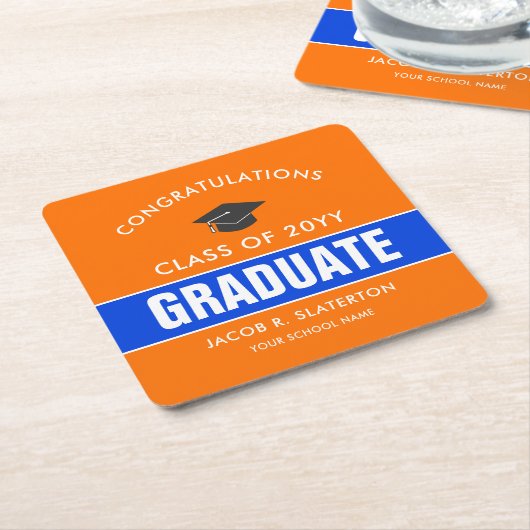 オレンジとブルーのカスタム卒業 スクエアペーパーコースター (アングル)