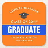 オレンジとブルーのカスタム卒業 スクエアペーパーコースター (正面)