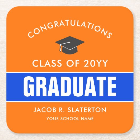 オレンジとブルーのカスタム卒業 スクエアペーパーコースター (正面)