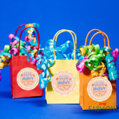 オレンジとブルーのカラフル誕生日あいさつよくはしゃぐつ ラウンドシール