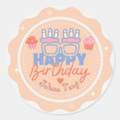 オレンジとブルーのカラフル誕生日あいさつよくはしゃぐつ ラウンドシール (正面)