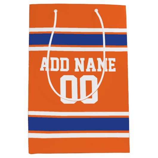 オレンジとブルーのストライプのスポーツジャージー ミディアムペーパーバッグ (正面)